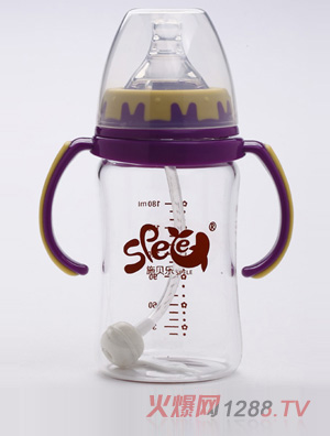 施貝樂(lè)紫色寬口弧形帶柄玻璃奶瓶180ml