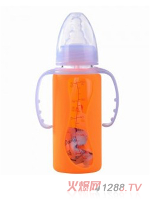 矽利康有手柄標口玻璃奶瓶150ml