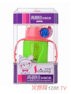 矽利康有手柄標(biāo)口玻璃奶瓶110ml