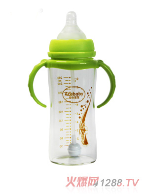 安心寶寶260ml寬口徑雙耳自動高硼硅玻璃奶瓶綠色