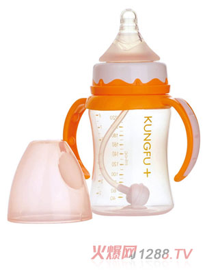 功夫?qū)氊怭P寬口自動小奶瓶橙色