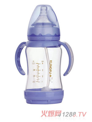 功夫?qū)氊惥с@玻璃寬口徑防脹氣自動奶瓶紫色