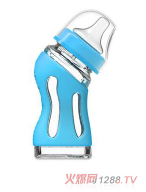 兔媽彎口玻璃奶瓶天藍