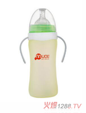 母愛(ài)寬口徑硅膠感溫變色玻璃奶瓶260ml綠